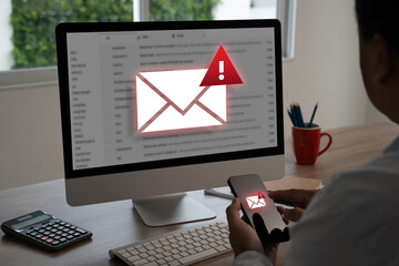 Poster - men using smartphones warning alert, email hack SMS spam, fake text message phishing