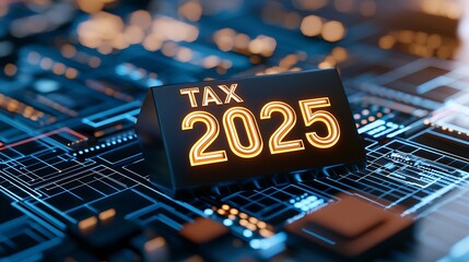 Wall Mural - Shimmering TAX 2025 Golden Text Glowing on a Vibrant Digital Background with Futuristic Financial Concepts and Technology Advancements