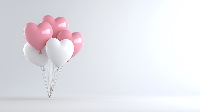 3D pastel pink and white balloons in a Valentine’s Day theme on a plain white backdrop.