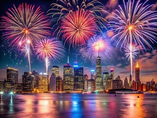 Wall Mural - Macro Fireworks Display Over NYC Skyline at Night