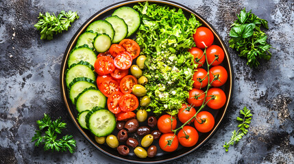 Canvas Print - A vibrant, healthy salad arrangement featuring sliced cucumbers, cherry tomatoes, olives, and fresh lettuce on a dark plate.  Perfect for a healthy meal or appetizer.