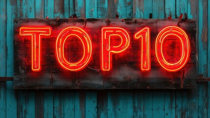 A vibrant red neon sign glowing brightly, displaying 'Top 10' in bold, eye-catching letters against a rustic wooden wall