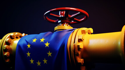 Gas pipe with valve and European Union flag in the background.