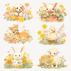 Wall Mural - Cute baby animal with flower meadow illustration element set