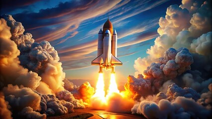 Wall Mural - A Spacecraft Ascends Through a Dramatic Sunset Sky, Leaving a Trail of Fiery Exhaust and Billowing Clouds