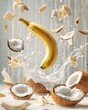 © Petr - A banana suspended in air surrounded by coconut fragments and milk splashes in soft tropical light