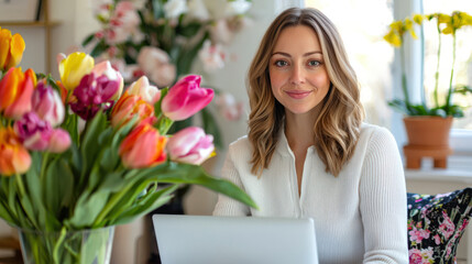 Wall Mural - A sweet smiling young female florist is sitting at her desk with a laptop and a bouquet of tulips. The concept of advertising for a flower shop. Order and deliver bouquets all over the world