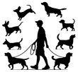 © Nurzhan - Male dog walker sitter walking with group of pets silhouette vector graphic. JPEG version.