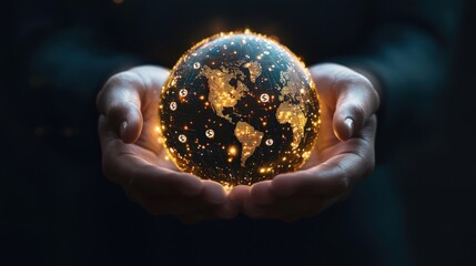 Poster - A person is holding a globe with a lot of money on it