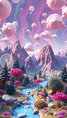 Dreamy fantasy landscape with mountains, river, trees, and a Ferris wheel.