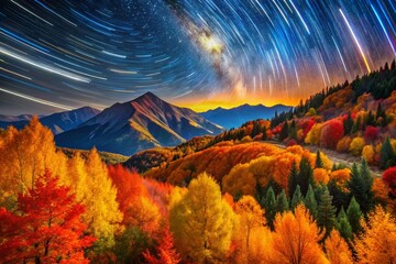 Wall Mural - Majestic Autumn Night in the Mountains - Starry Sky over Colorful Fall Foliage