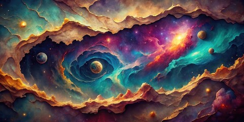 Wall Mural - A Cosmic Vista Celestial Bodies Emerge From a Fractured Landscape of Golden Mountains and Vibrant Nebulae