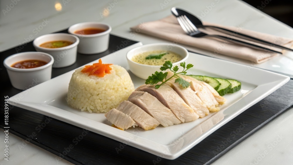 Minimalist Presentation of Hainanese Chicken Rice with Sauces Stock ...