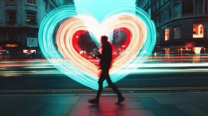 Wall Mural - a man is walking down a street with a heart-shaped light show in the background
