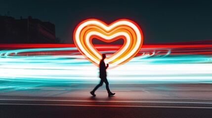 Wall Mural - a man is walking on a street with a heart-shaped light