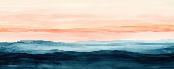 Poster - Watercolor abstract background concept. A serene landscape showcasing soft gradients of blues and coral hues at sunset.