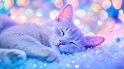 Wall Mural - a peaceful cat rests amidst bright crystal gems, creating a whimsical atmosphere with a soft bokeh b