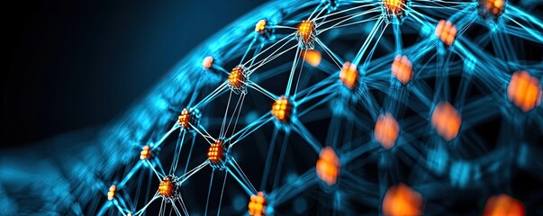 Aufkleber - Matrix abstract background idea. Abstract digital network with glowing nodes and intricate connections in blue and orange.
