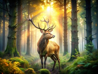 Wall Mural - Majestic Elk in Mystical Forest: Double Exposure Nature Photography