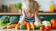 © red_orange_stock - Unhappy young child sits at a table filled with colorful vegetables, showing resistance to eating healthy food during family mealtime