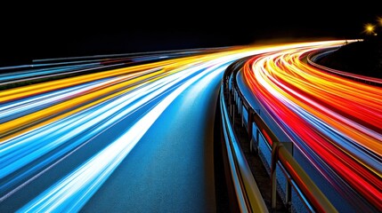 Poster - Bright, colorful light trails from passing vehicles illuminate the highway, creating a dynamic display during nighttime hours