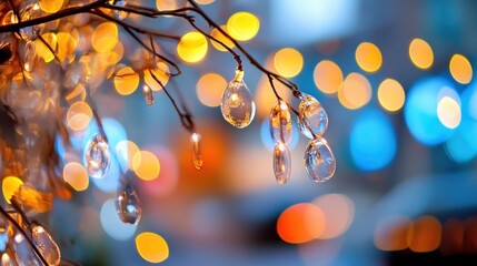Poster - Twinkling bokeh lights create a dreamy atmosphere, highlighting transparent drops hanging from delicate branches