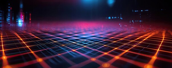 Poster - Matrix abstract background idea. Abstract digital grid landscape with glowing neon lines and vibrant lighting effects.