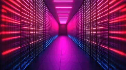 Poster - Matrix abstract background idea. Vibrant corridor showcasing neon lights reflecting off data storage units.