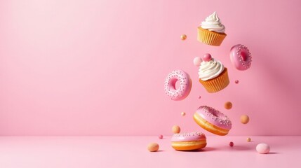 Poster - Sweet Treats in Motion Pink Donuts and Cupcakes Float Against a Pastel Background