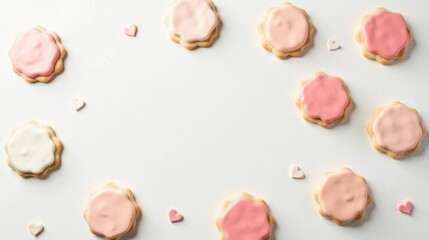 Poster - Sweet Delights Pastel-Colored Iced Cookies and Tiny Hearts Arranged on a White Background