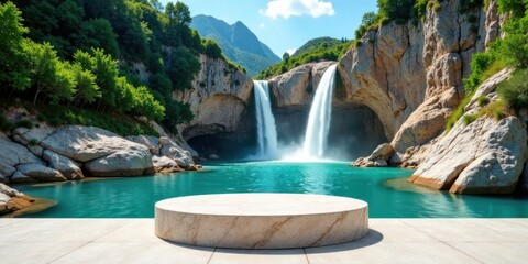 Poster - Serene Waterfall Cove with a Circular Stone Platform