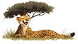© Sakdecha - a 2D cartoon illustration of a laughing cheetah under a tree, savannah theme, white background--ar 16:9