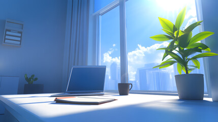 Poster - A bright, modern office space with a laptop, notebook, and coffee cup on a desk near a large window overlooking a city skyline. Sunlight streams in, illuminating the room and a potted plant.