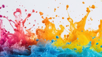 Poster - An abstract display of colorful ink bursts with dynamic splashes against a bright white backdrop, showcasing vivid hues and fluid motion