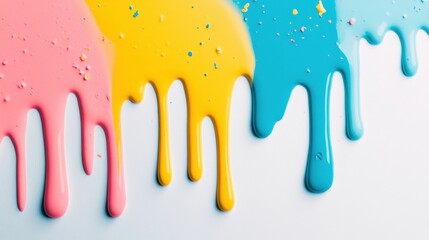 Poster - Bright drips of pink, yellow, and blue paint cascade down a pristine white background, showcasing a playful and artistic arrangement