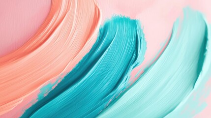 Poster - Watercolor abstract background concept. Abstract art featuring vibrant brush strokes in coral and turquoise on a soft pink background.