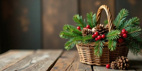 Poster - Rustic Winter Basket with Evergreen Branches, Pinecones, and Festive Berries on Wooden Table