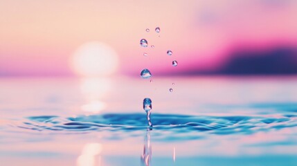 Poster - A mesmerizing water droplet creates ripples on a serene surface as the sun sets, casting soft colors across the sky