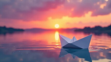 Aufkleber - Serene Sunset A Paper Boat at Peace on Calm Water