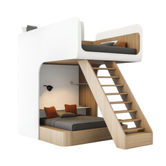 Aufkleber - A modern loft bed with a built-in wooden staircase and a minimalist design suitable for a child's bedroom.
