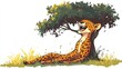 © Sakdecha - a 2D cartoon illustration of a laughing cheetah under a tree, savannah theme, white background--ar 16:9