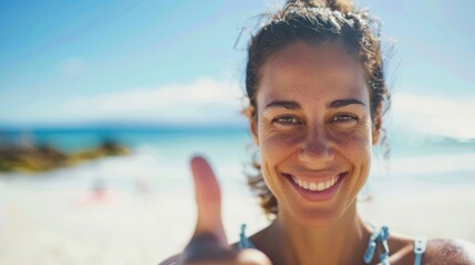 A cheerful woman stands at the beach, smiling broadly and giving a thumbs up while soaking in the sun and ocean views