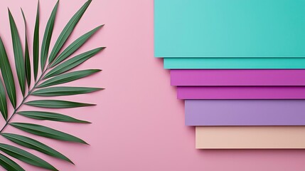 Poster - Layer abstract background concept. Aesthetic paper sheets arranged with a green palm leaf on a pink background.