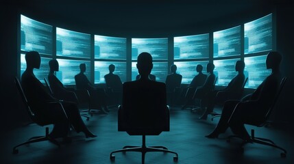 Poster - a group of people sitting in chairs in front of a large screen