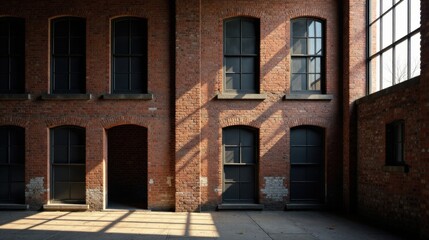 Aufkleber - Sunlight Illuminates a Brick Building's Interior with Numerous Windows and Doors