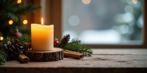 Poster - A glowing candle sits on a rustic wooden surface, surrounded by pine boughs, pinecones, and cinnamon sticks, near a window with a blurry winter scene.
