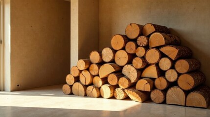 Aufkleber - Sunlight Illuminates a Stack of Neatly Arranged Firewood Logs in a Modern Minimalist Interior