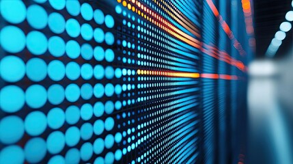 Poster - Dots abstract background idea. Abstract illuminated digital wall with vibrant blue and orange light patterns.
