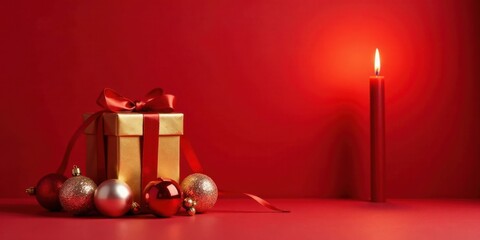 Poster - A Festive Gift with Ornaments and a Burning Candle on Red Background