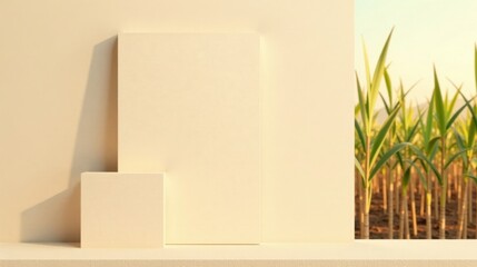 Aufkleber - Cream-colored display with blank vertical and horizontal panels, showcasing a field of plants in the background